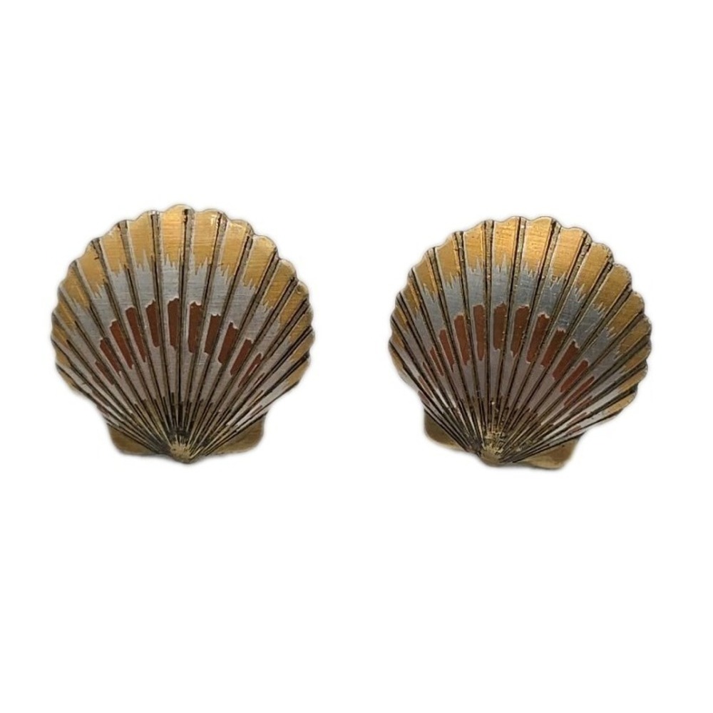 Vintage Reed And Barton Damascene Seashell Stud Earrings USA Metallic Beach Art